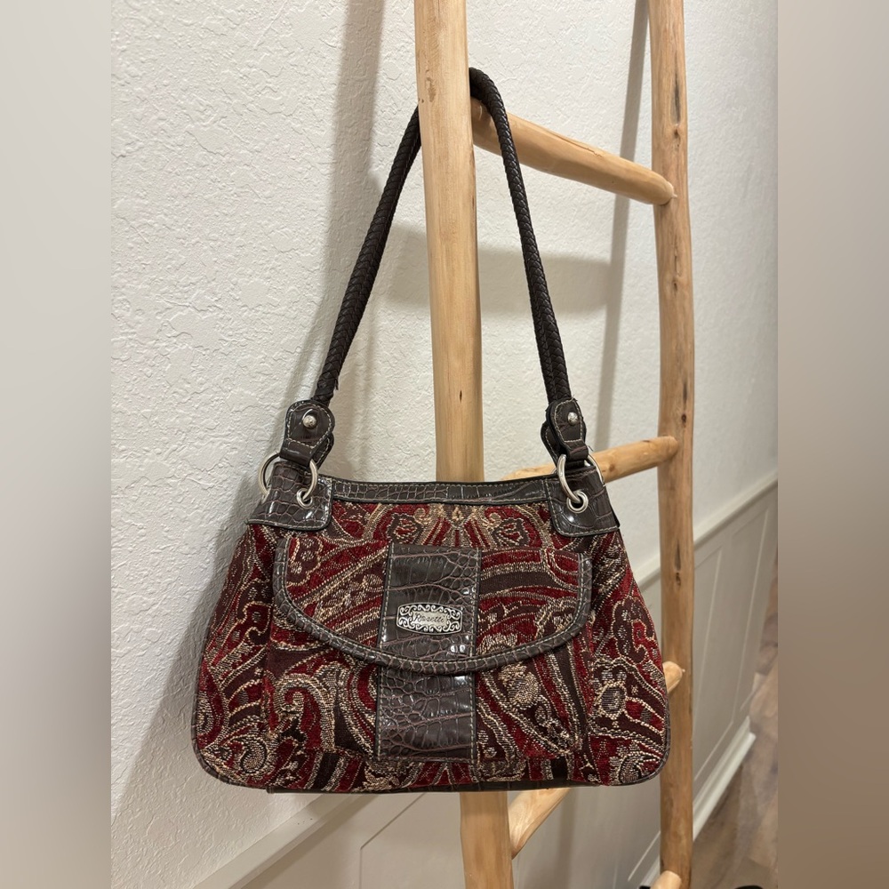 Y2K Rosetti tapestry paisley red and brown shoulder bag with faux croc trim